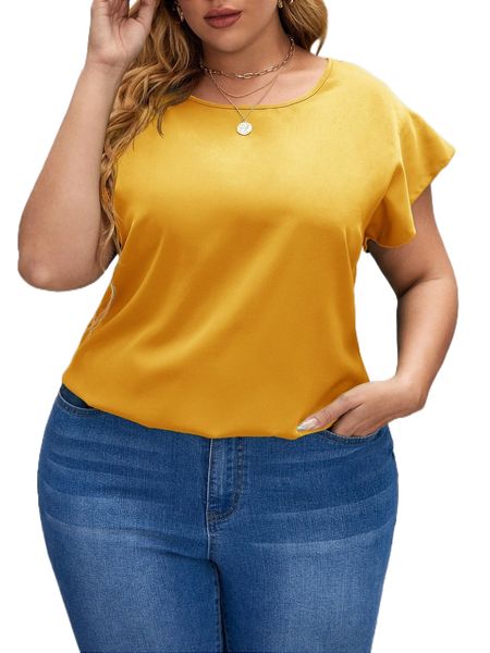 

plus ruffle sleeve keyhole back blouse e3le#, Black