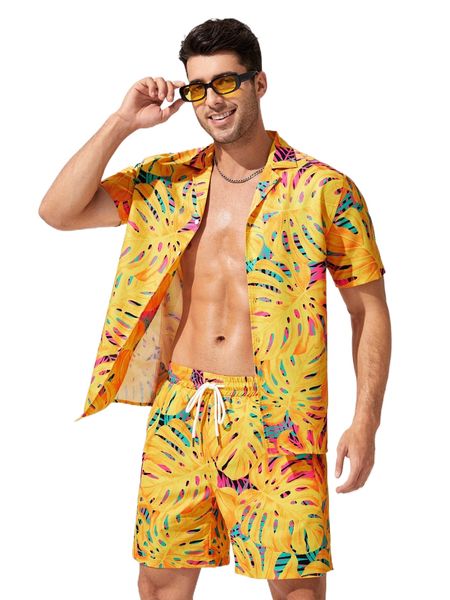 

men tropical print shirt & drawstring waist shorts w4zf#, Gray