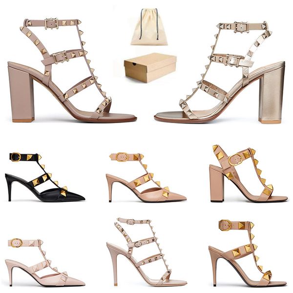 

with box women designers high heel dress shoes ankle strap roman stud sandal rivets black stiletto chunky heels 6 8  cm pointed open toes