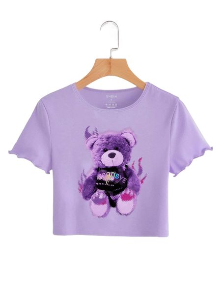 

bear doll and letter graphic lettuce trim crop tee u9rm#, White