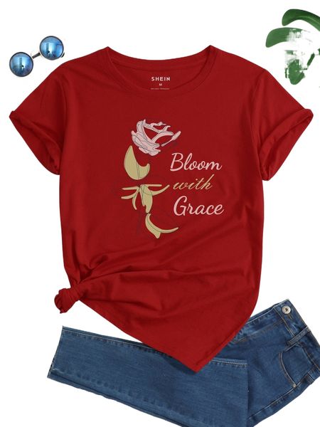 

floral and slogan graphic tee v3ig#, White