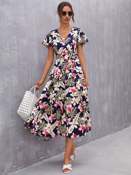 

tropical print butterfly sleeve belted dress f4os#, Black;gray