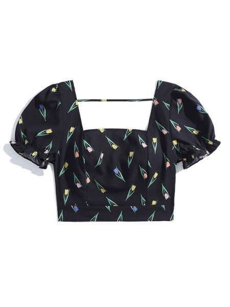 

x yichun xie square neck floral print puff sleeve crop blouse x5ij#, White
