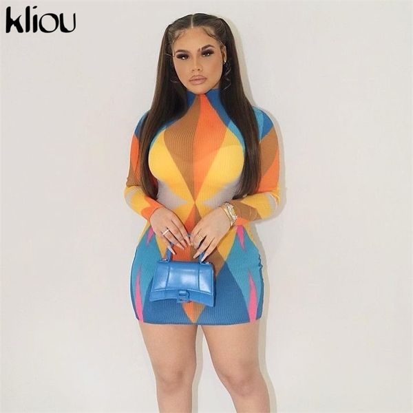 

kliou knitted patchwork panelled mini dresses mock neck bodycon elastic long sleeve skirt aesthetic casual hipster 220506, Black;gray