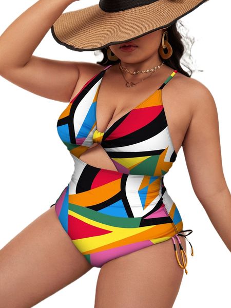 

plus geo print tie back drawstring side one piece swimsuit x8xc#, White;black