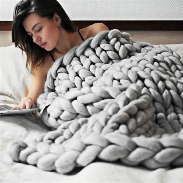 Fashion y Merinowolle-Decke, dick, großes Garn, Roving, gestrickte Decke, Winter, warme Überwurfdecken, Sofa auf den Betten, Decke 220527