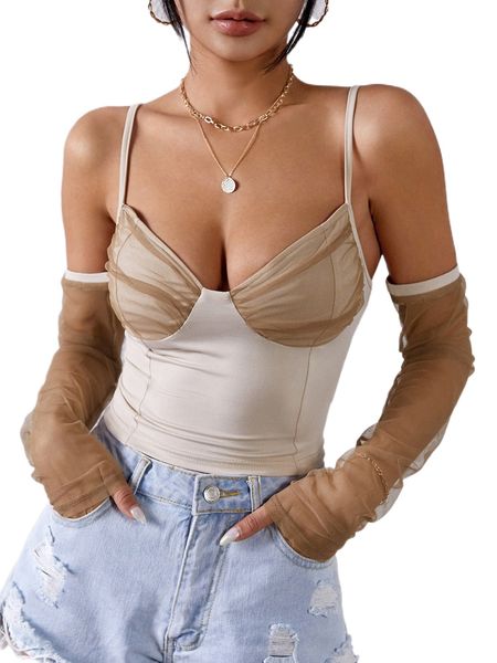 

cold shoulder contrast mesh ruched bustier z6gn#, White