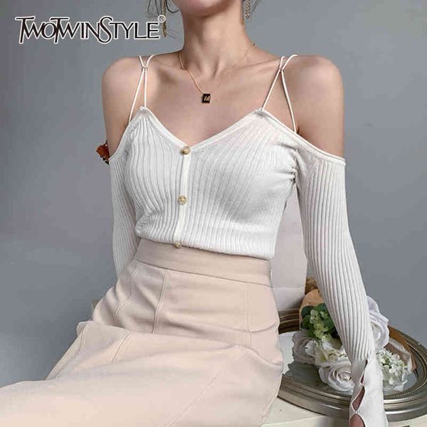 

white elegant sweater for women v neck sleeveless off shoulder sweaters female spring fashion clothes 210423, White;black
