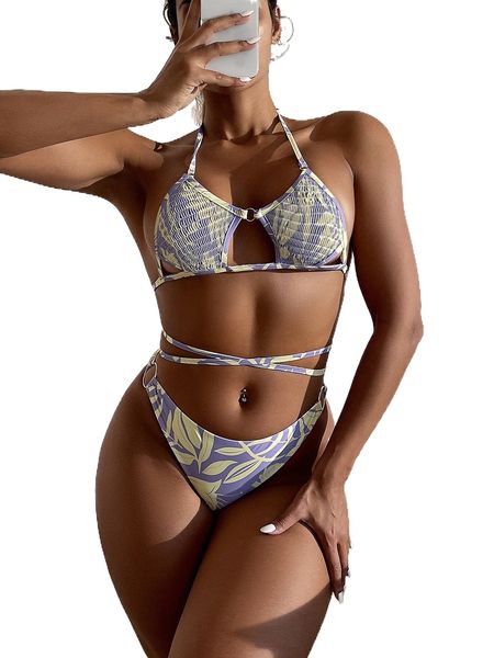 

plant print smocked cut-out halter bikini swimsuit 03wr#, White;black