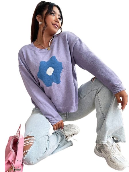 

plus floral pattern drop shoulder sweater t75t#, Black