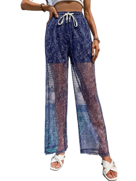 

plant print drawstring waist mesh wide leg pants r48j#, Black;white