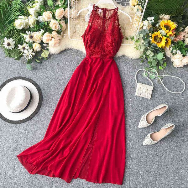 

2022 halter neck lace patchwork maxi long dress elegant summer party women tank sundress split casual evening vestidos y220413, Black;gray