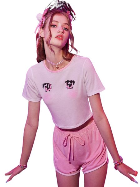 

romwe anime cartoon graphic pj set p7so#, Black;red