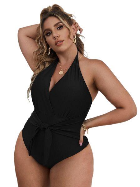 

plus knot front halter one piece swimsuit m3oi#, White;black