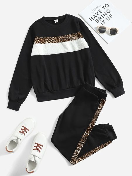 

teen girls leopard print teddy panel sweatshirt & sweatpants she, White