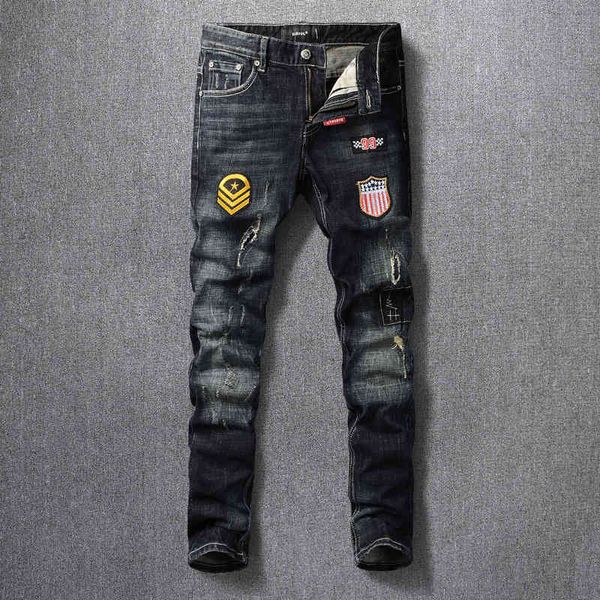 

men's jeans black hole badge patch ankle jeans men's slim fit fashion personalized elastic youth trendy pants im52, Blue