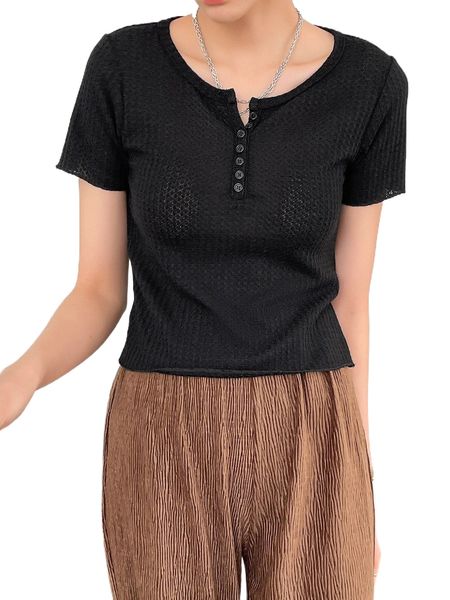 

dazy waffle knit half button solid tee b5lr#, White