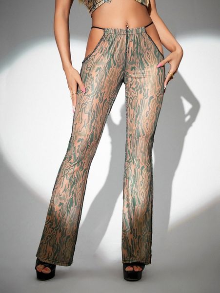 

all over print cut out titching mesh flare leg pants f9kv#, Black;white