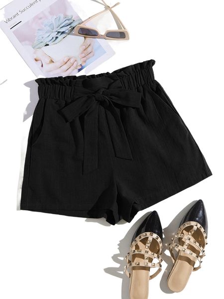 

paperbag waist tie front shorts z9xx#, White;black