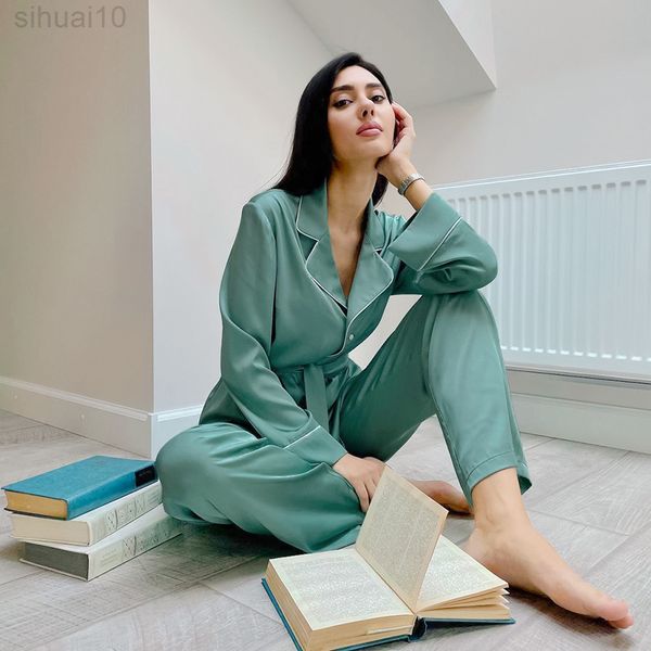 

hiloc turn down collar pantsuits silk pyjamas for women nightwear elegant home pyjama sets womens outfits satin nightdresses l220803, Black;red