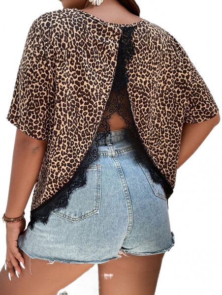 

plus leopard guipure lace split back tee j6iz#, Black