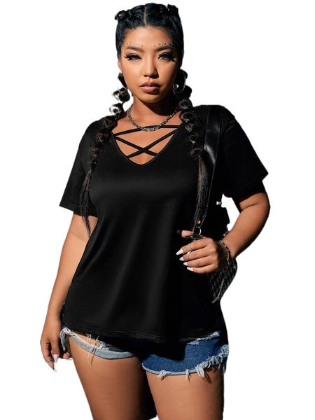 

plus criss cross front t-shirt s7w8#, Black