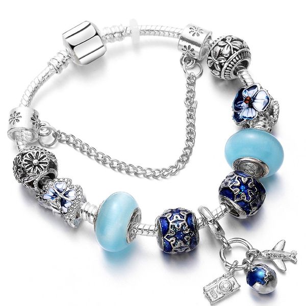 2022 New Charm Bracelet Global Travel Pingente Blue esmalte borboleta Europeia Charme Merrão Murano Glass Bords Fits Pandora Charm Bracelets Colar