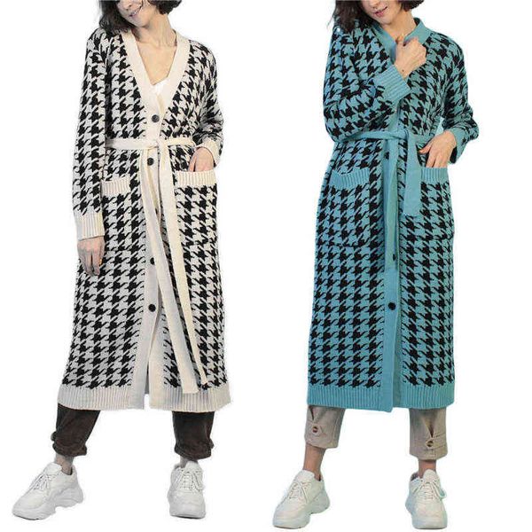 

women caual knitting cardigan houndstooth print long sleeve coat with pockets and waist belt for spring fall l220714, White;black