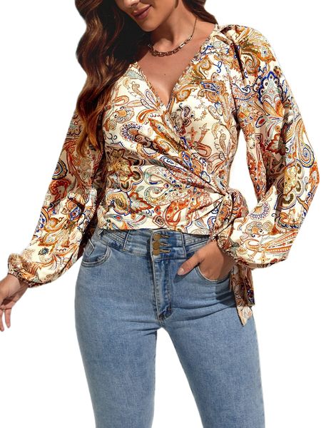 

paisley print knot side wrap blouse x7oy#, White