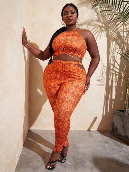 

sxy plus allover print tie backless crop halter & cut out leggings e84z#, Black