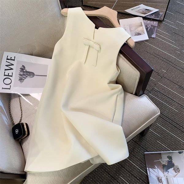 

Casual Dresses French Style White Elegant Exquisite Bow Dress 2022 Summer Fashion Solid Color Sleeveless Slim High-End Double-sided