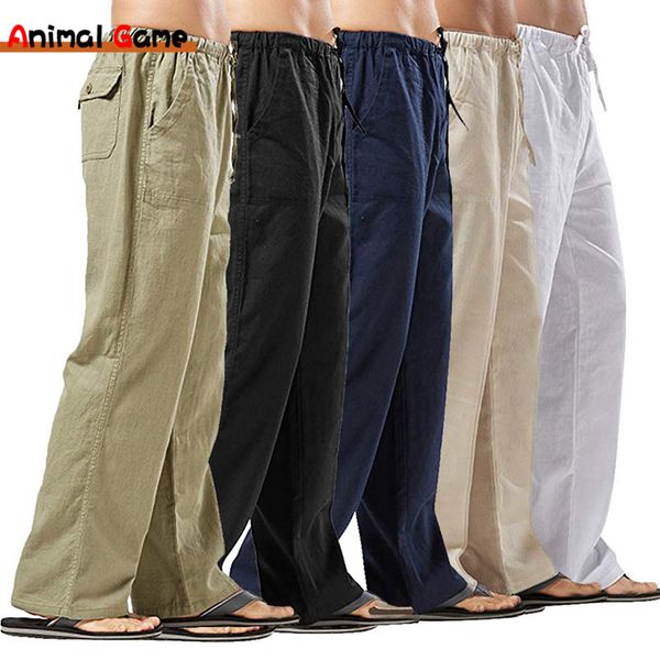 Linho de linho de verão calças calças coreanas de lençóis de tamanho grande masculino de machos de primavera de ioga de ioga casual mass calças de moletom 220621