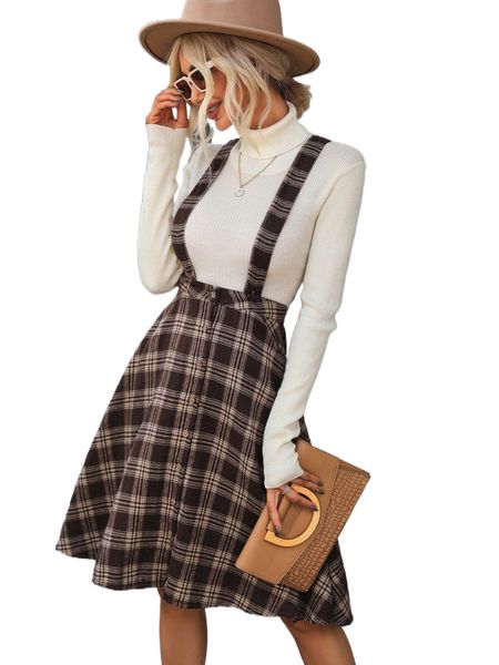 

plaid print criss-cross pinafore skirt t1b0#, Black