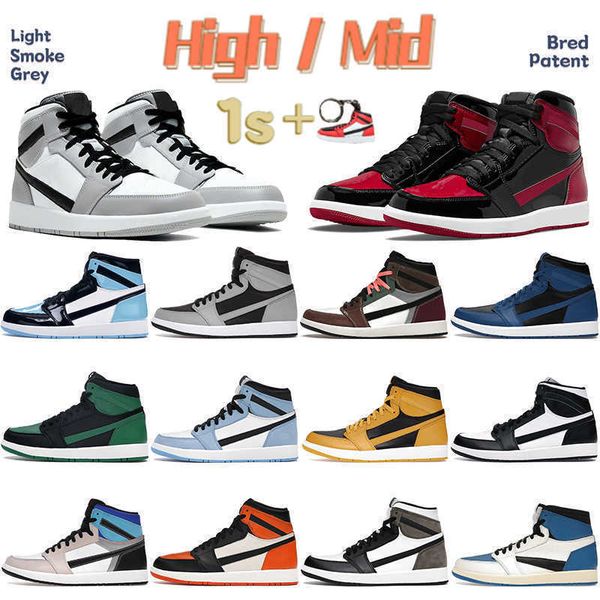 

mid light smoke grey 1 1s basketball shoes high bred patent university blue dark mocha seafoam marina blue atmosphere fashion sneakers men, Black