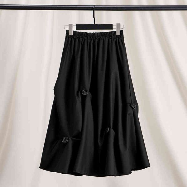 

skirts black high waist a-line skirt women's medium length flower bud three-dimensional rose irregular pleated umbrella