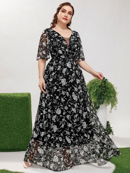

plus allover floral print mesh insert maxi lace dress t6aw#, Black