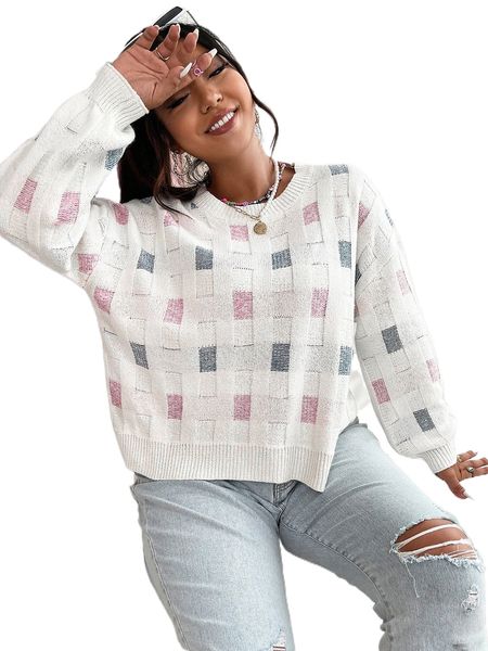 

plus geo pattern drop shoulder sweater z8wc#, Black