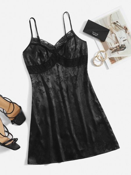 

lace trim jacquard satin cami dress z4yy#, Black;gray