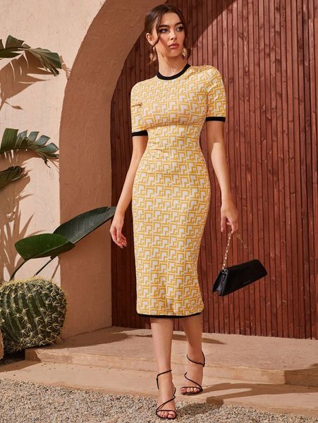 

allover geo print contrast binding bodycon dress m6db#, Black;gray