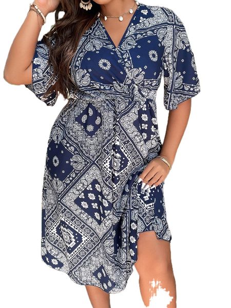 

plus paisley scarf print a-line dress w64n#, Black
