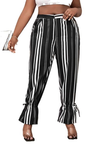 

sxy plus striped drawstring hem pants f2g1#, Black