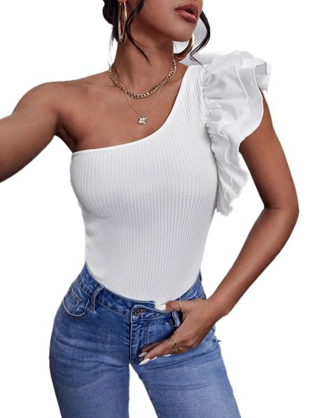 

one shoulder flutter sleeve bodysuit t92s#, White