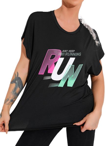 

slogan graphic batwing sleeve sports tee s2db#, Gray