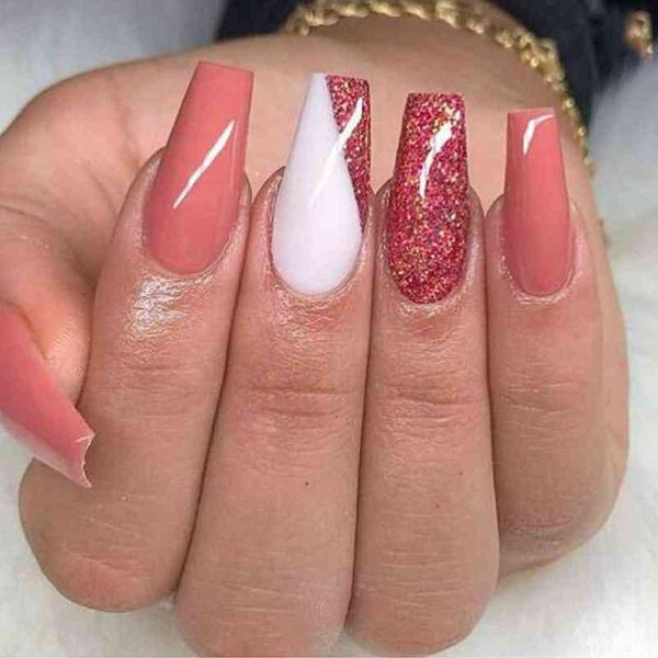 

false nails 24pcs press on new sakura pink glitter design gradient shiny coffin french ballerina full cover fake 0616