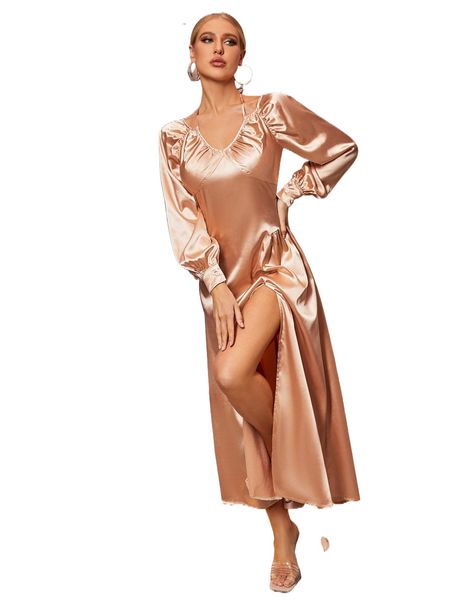 

satin bishop sleeve split thigh dress y4i1#, Black;gray