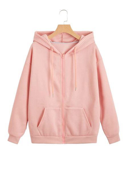 

solid drawstring pocket front zip up thermal lined sweatshirt k1wv#, Black