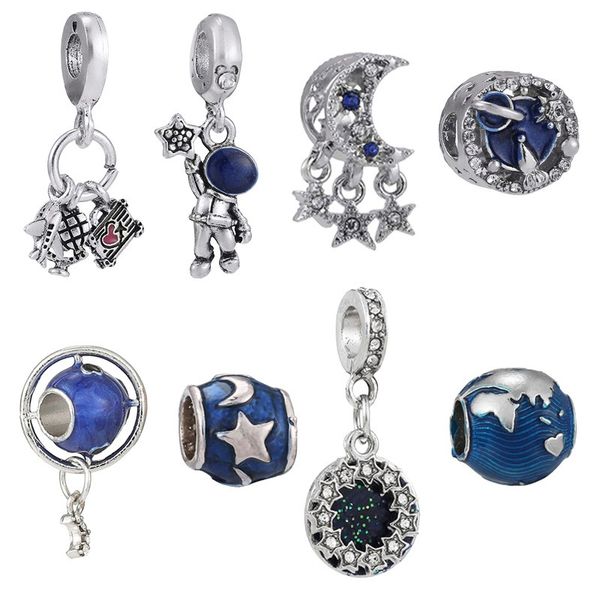 Fit Pandora Bracciale con ciondoli Luna europea Stelle Viaggio globale Astronauta Ciondola il pendente Ciondolo in argento Perline di cristallo Catena del serpente fai da te per le donne Collana con bracciale Gioielli