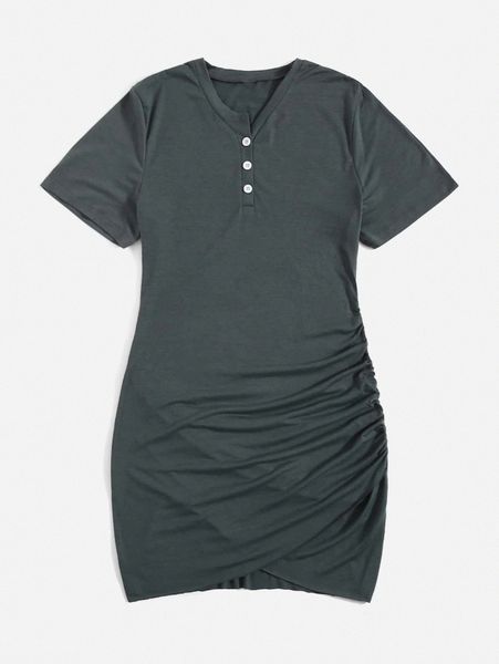 

plus 1pc quarter button ruched side tulip hem dress l7yq#, Black