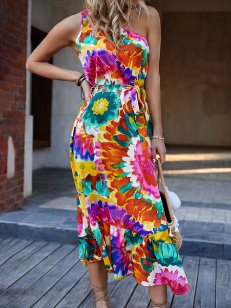 

allover floral print one shoulder ruffle hem belted dress l2ll#, Black;gray