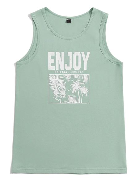 

men slogan & tropical print tank e61f#, White;black